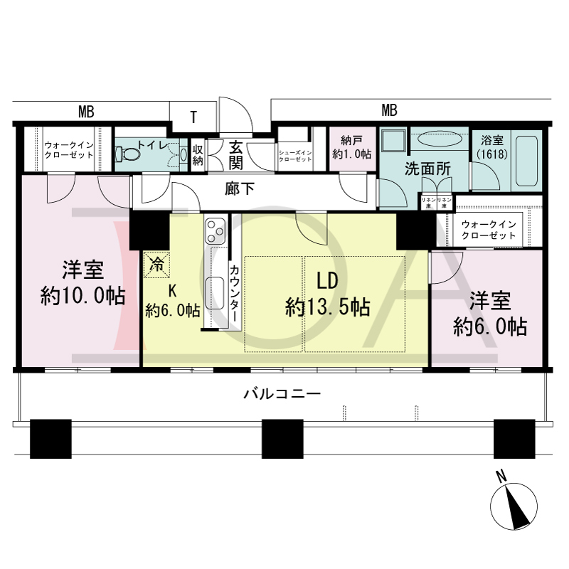 The Kitahama(ザ キタハマ)の間取り図 南西向き 2LDK+Storage room 専有面積88.89m2
バルコニー面積18.42m2