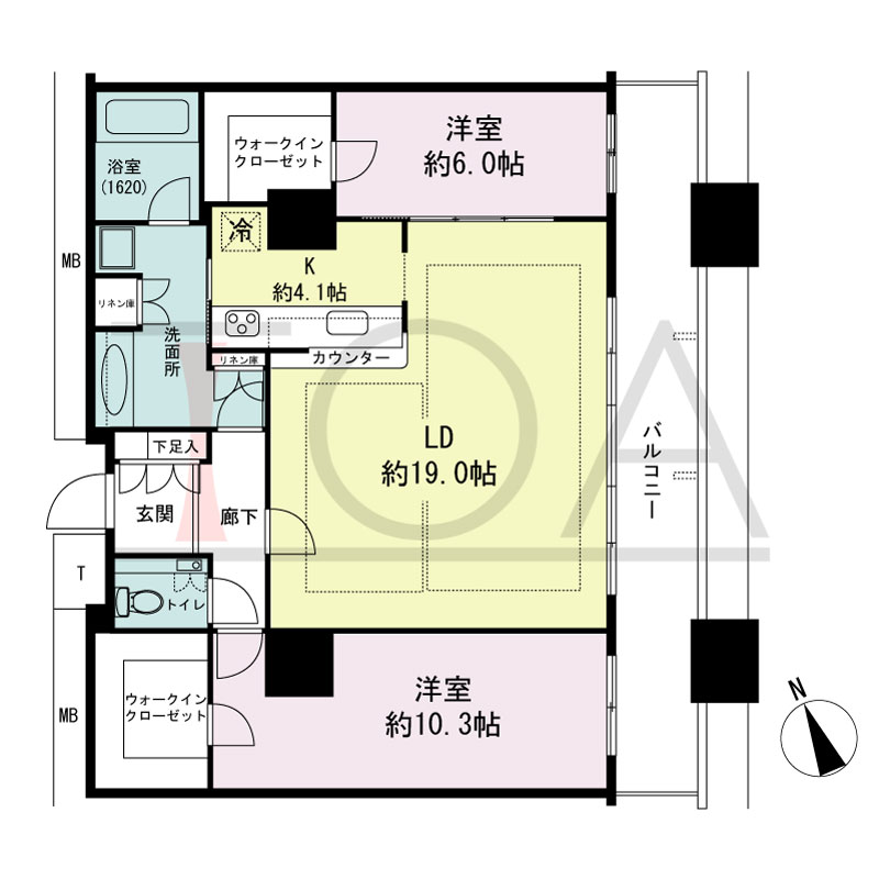 The Kitahama(ザ キタハマ)の間取り図 南東向き 2LDK 専有面積93.13m2
バルコニー面積15.03m2