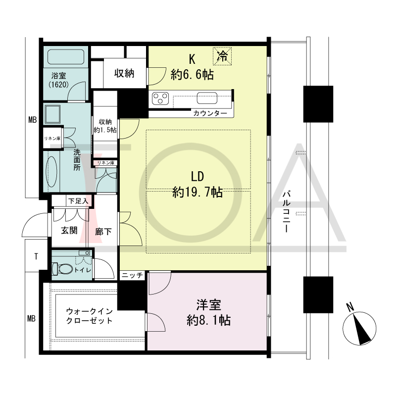 The Kitahama(ザ キタハマ)の間取り図 南東向き 1LDK+Storage room 専有面積93.13m2
バルコニー面積15.03m2