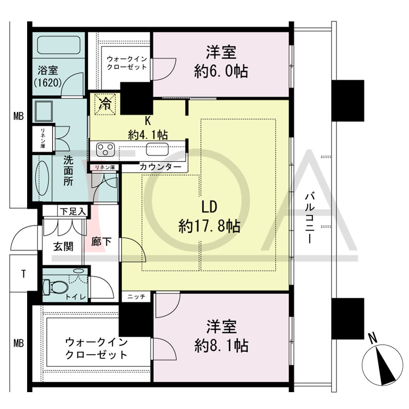 The Kitahama(ザ キタハマ)の間取り図 南東向き 2LDK 専有面積93.13m2
バルコニー面積15.03m2