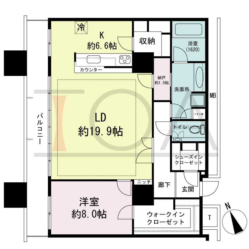 The Kitahama(ザ キタハマ)の間取り図 北西向き 1LDK+Storage room 専有面積93.32m2
バルコニー面積15.08m2