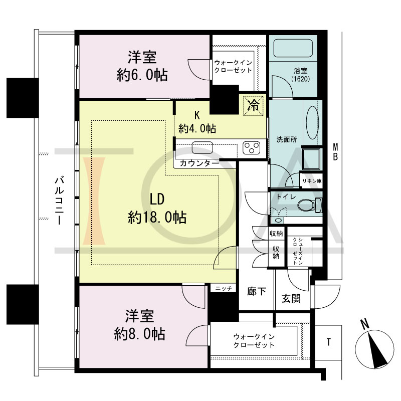 The Kitahama(ザ キタハマ)の間取り図 北西向き 2LDK 専有面積93.32m2
バルコニー面積15.08m2