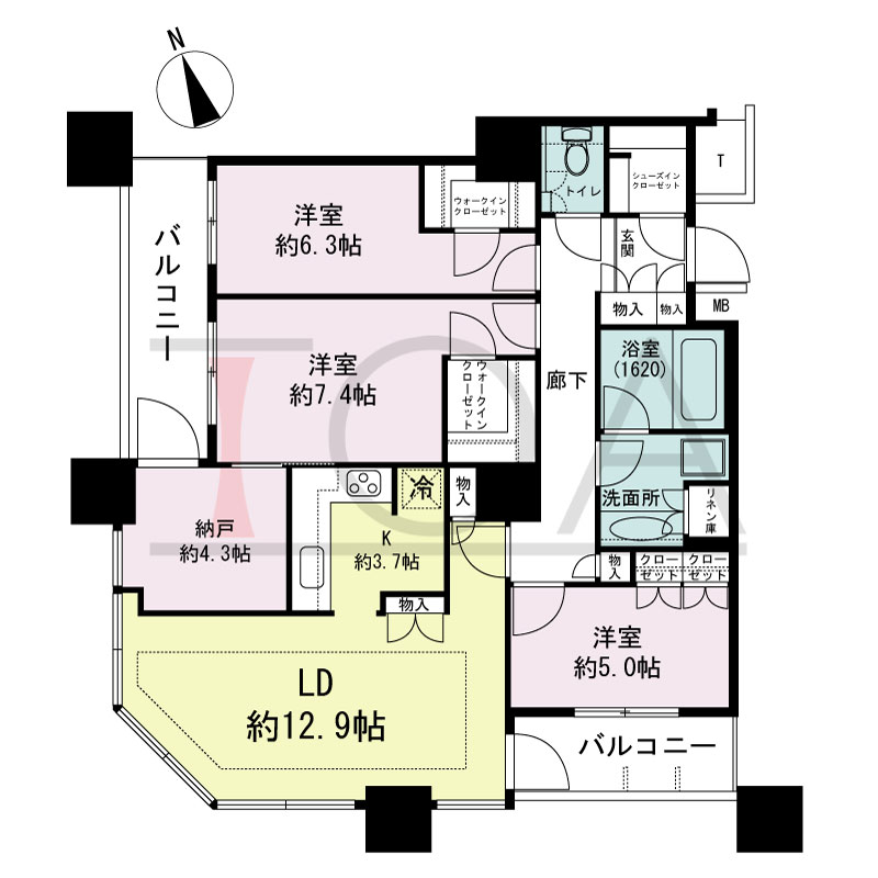The Kitahama(ザ キタハマ)の間取り図 南西向き角 3LDK+DEN 専有面積94.91m2
バルコニー面積11.59m2