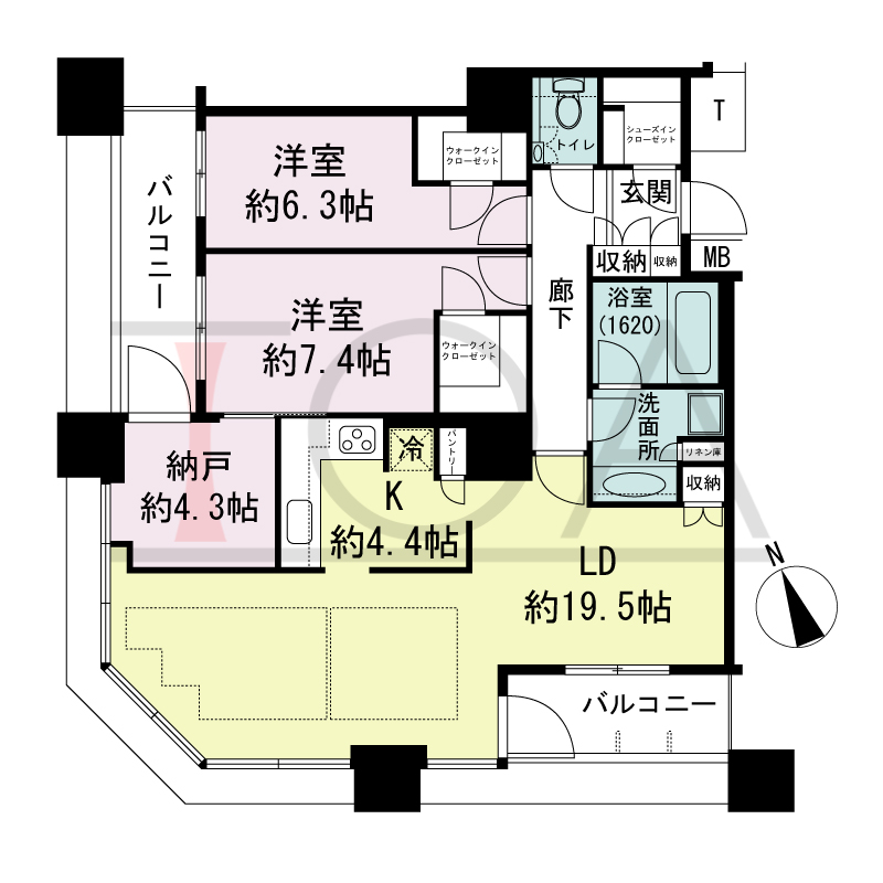 The Kitahama(ザ キタハマ)の間取り図 南西向き角 2LDK+DEN 専有面積94.91m2
バルコニー面積11.59m2