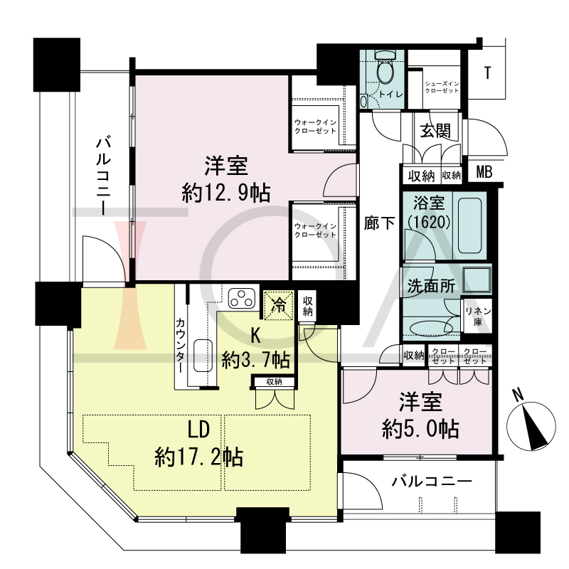 The Kitahama(ザ キタハマ)の間取り図 南西向き角 2LDK 専有面積94.91m2
バルコニー面積11.59m2