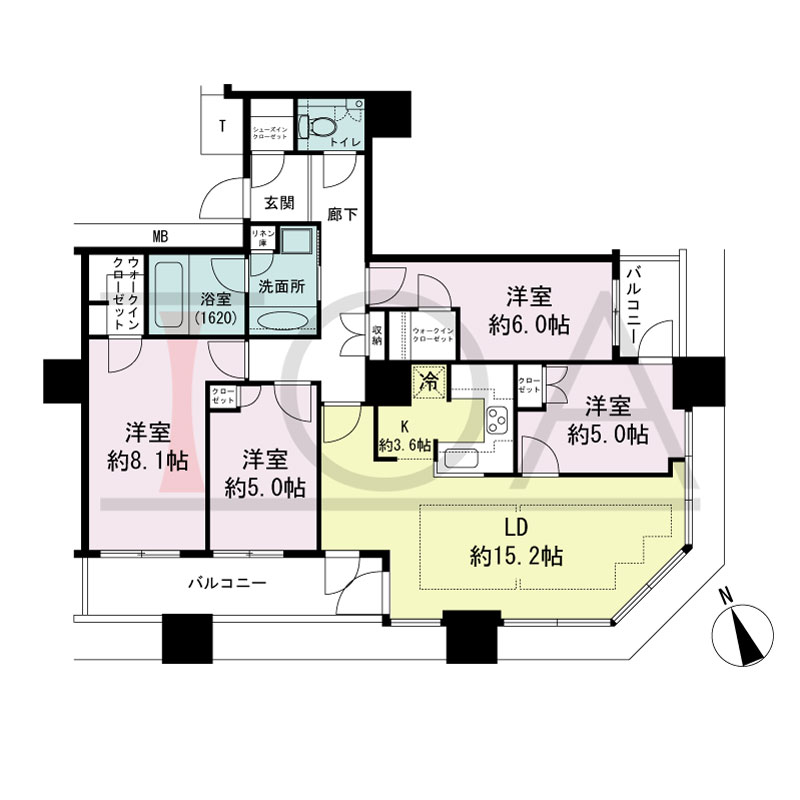 The Kitahama(ザ キタハマ)の間取り図 南東向き角 4LDK 専有面積96.78m2
バルコニー面積11.37m2