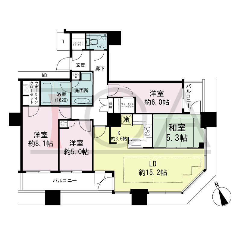 The Kitahama(ザ キタハマ)の間取り図 南東向き角 4LDK 専有面積96.78m2
バルコニー面積11.37m2