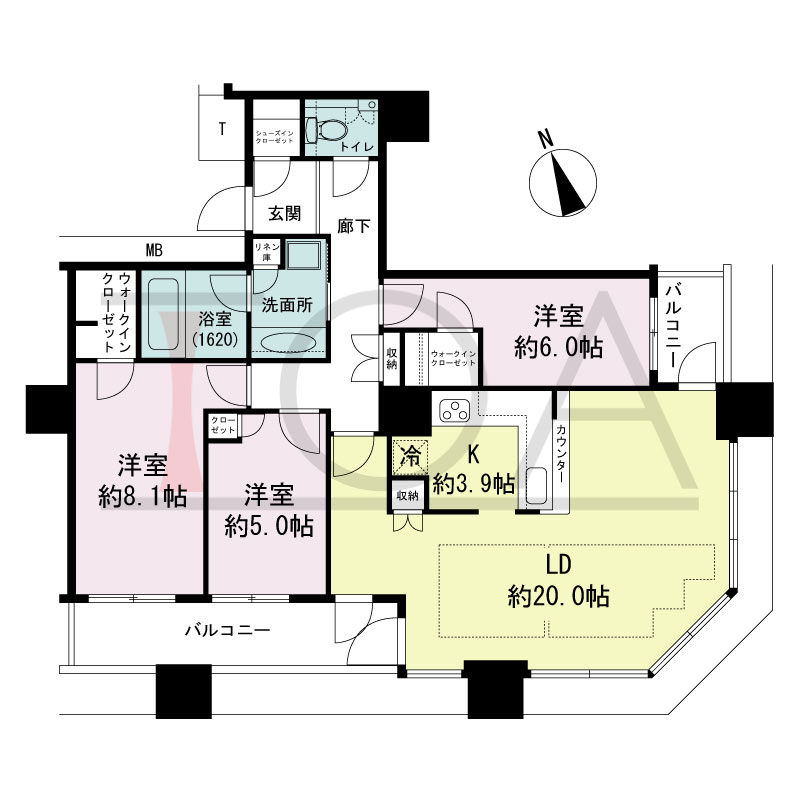 The Kitahama(ザ キタハマ)の間取り図 南東向き角 3LDK 専有面積96.78m2
バルコニー面積11.37m2