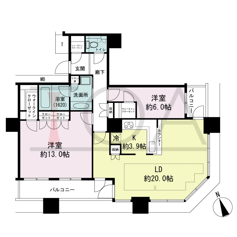 The Kitahama(ザ キタハマ)の間取り図 南東向き角 2LDK 専有面積96.78m2
バルコニー面積11.37m2