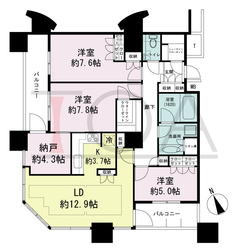 The Kitahama(ザ キタハマ)の間取り図 南西向き角 3LDK+DEN 専有面積97.33m2
バルコニー面積11.59m2