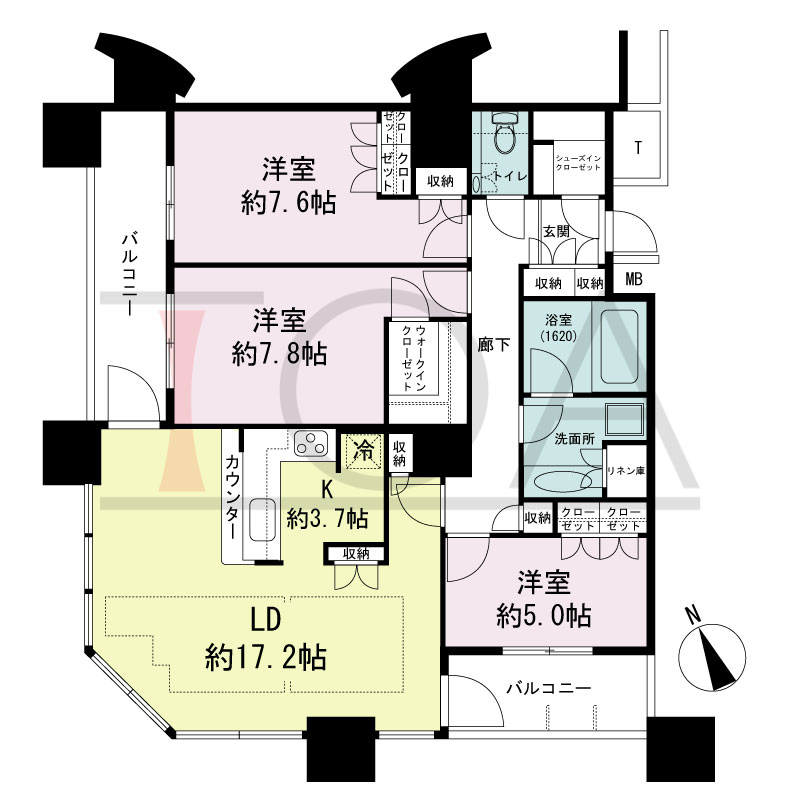 The Kitahama(ザ キタハマ)の間取り図 南西向き角 3LDK 専有面積97.73m2
バルコニー面積11.59m2