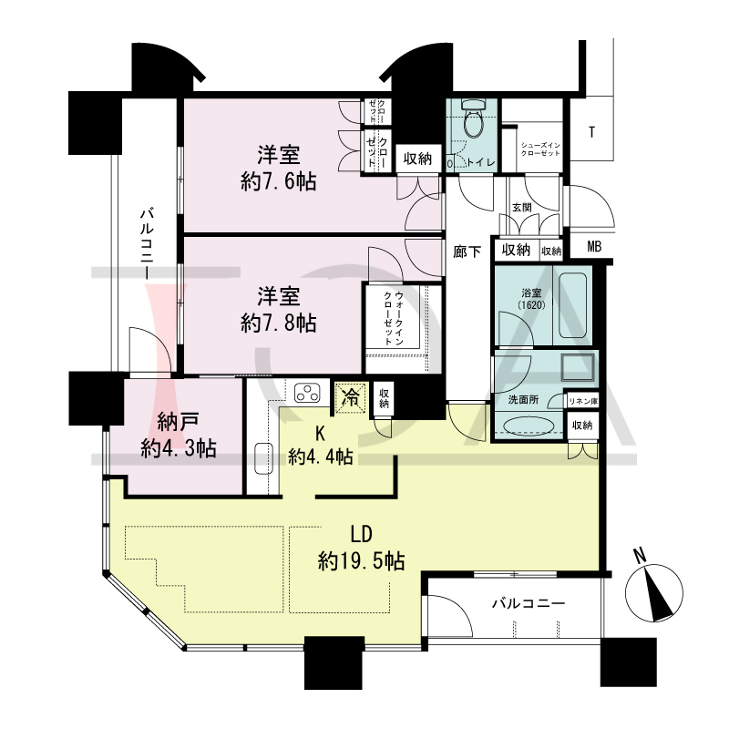 The Kitahama(ザ キタハマ)の間取り図 南西向き角 2LDK+DEN 専有面積97.73m2
バルコニー面積11.59m2