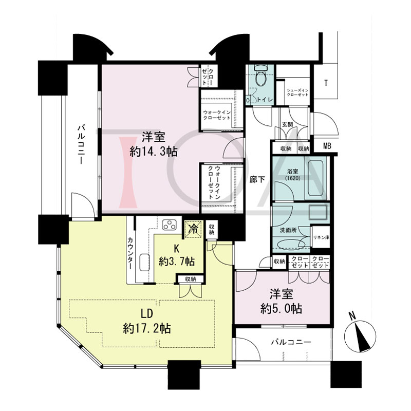 The Kitahama(ザ キタハマ)の間取り図 南西向き角 2LDK 専有面積97.73m2
バルコニー面積11.59m2