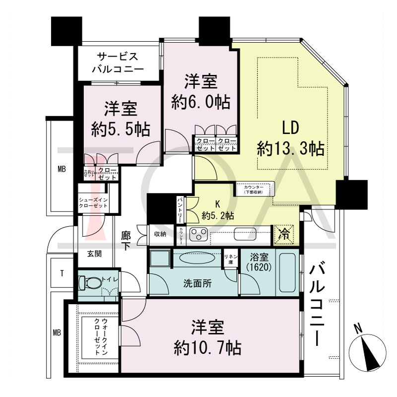 The Kitahama(ザ キタハマ)の間取り図 北東向き角 3LDK 専有面積98.22m2
バルコニー面積7.77m2
サービスバルコニー面積2.67m2