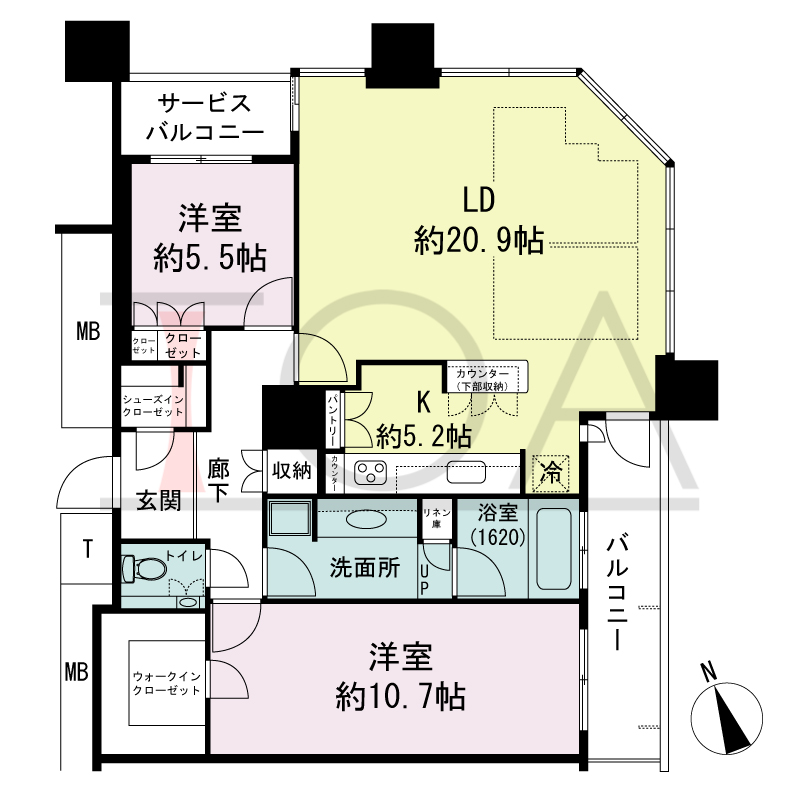 The Kitahama(ザ キタハマ)の間取り図 北東向き角 2LDK 専有面積98.22m2
バルコニー面積7.77m2
サービスバルコニー面積2.67m2