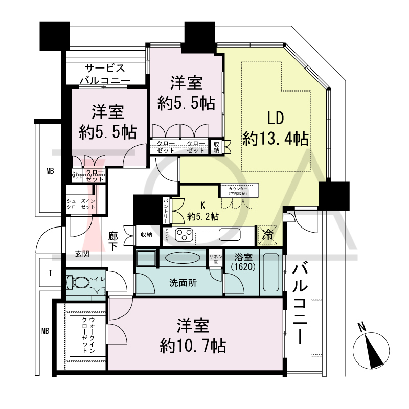 The Kitahama(ザ キタハマ)の間取り図 北東向き角 3LDK 専有面積98.22m2
バルコニー面積7.77m2
サービスバルコニー面積2.67m2