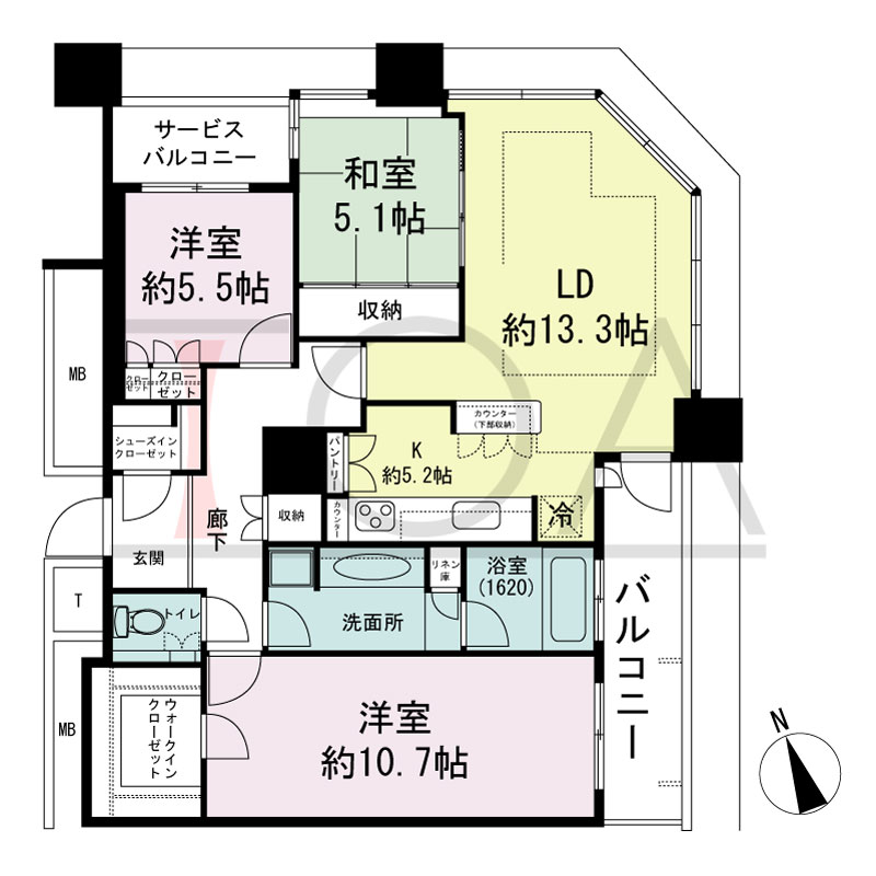 The Kitahama(ザ キタハマ)の間取り図 北東向き角 3LDK 専有面積98.22m2
バルコニー面積7.77m2
サービスバルコニー面積2.67m2