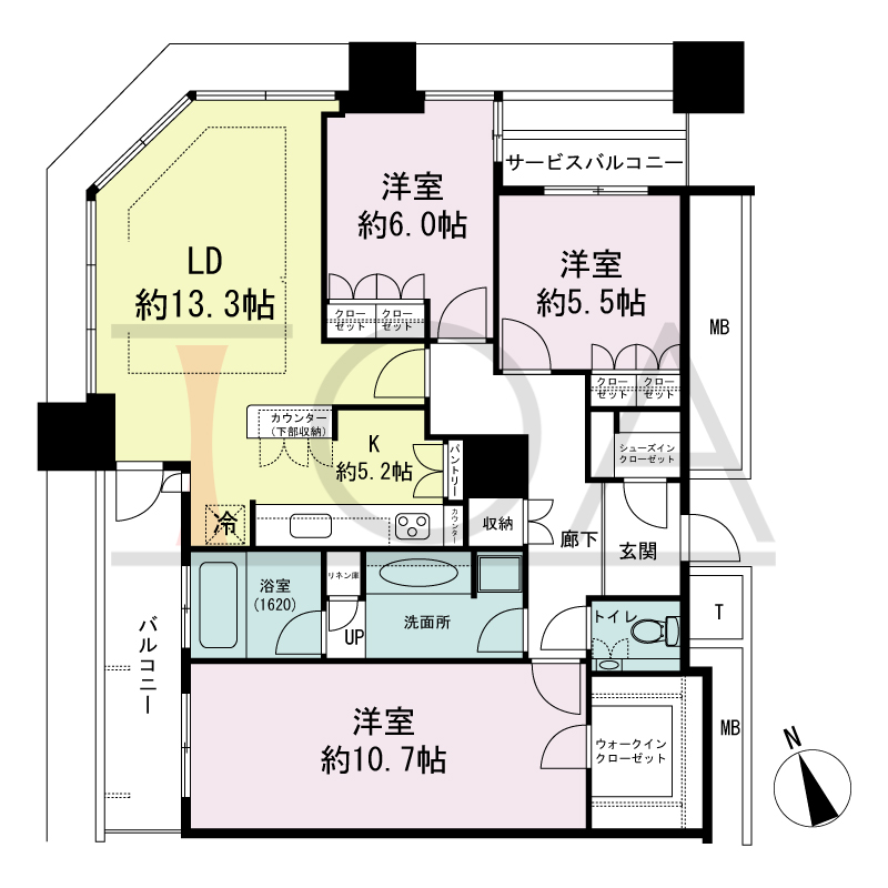 The Kitahama(ザ キタハマ)の間取り図 北西向き角 3LDK 専有面積98.22m2
バルコニー面積7.77m2
サービスバルコニー面積2.67m2