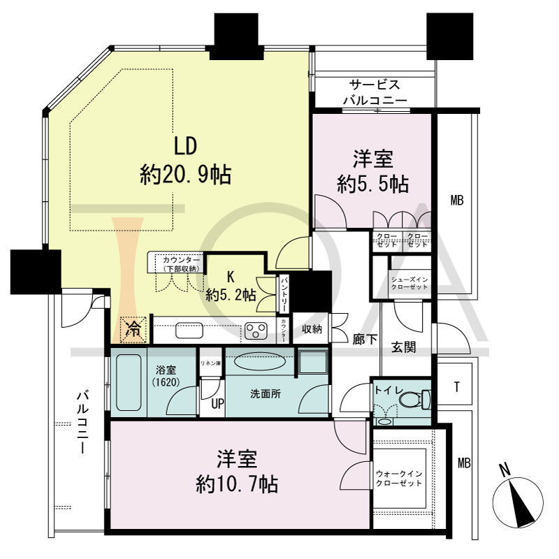 The Kitahama(ザ キタハマ)の間取り図 北西向き角 2LDK 専有面積98.22m2
バルコニー面積7.77m2
サービスバルコニー面積2.67m2