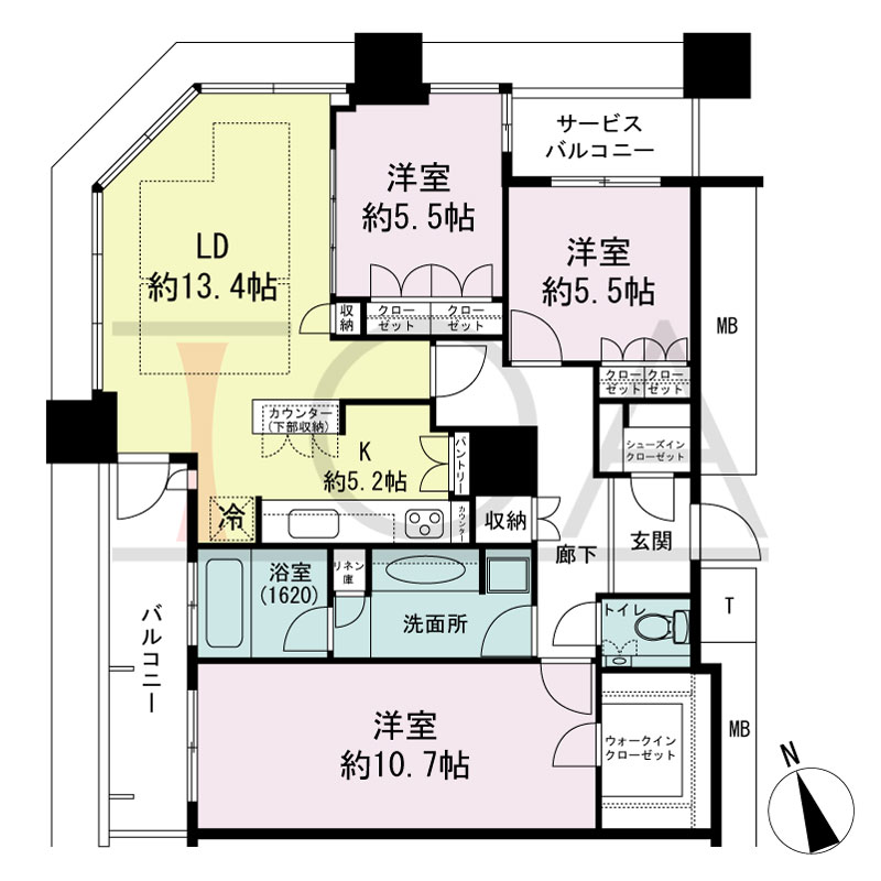 The Kitahama(ザ キタハマ)の間取り図 北西向き角 3LDK 専有面積98.22m2
バルコニー面積7.77m2
サービスバルコニー面積2.67m2