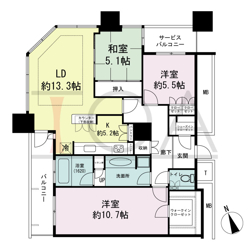 The Kitahama(ザ キタハマ)の間取り図 北西向き角 3LDK 専有面積98.22m2
バルコニー面積7.77m2
サービスバルコニー面積2.67m2
