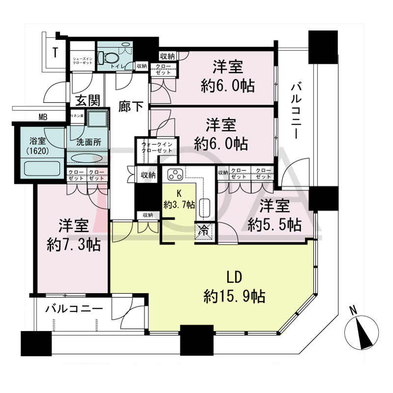 The Kitahama(ザ キタハマ)の間取り図 南東向き角 4LDK 専有面積100.60m2
バルコニー面積12.45m2
