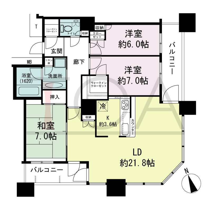 The Kitahama(ザ キタハマ)の間取り図 南東向き角 3LDK 専有面積100.60m2
バルコニー面積12.45m2
