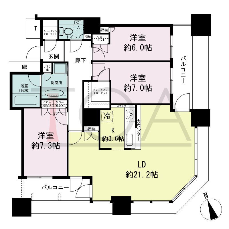The Kitahama(ザ キタハマ)の間取り図 南東向き角 3LDK 専有面積100.60m2
バルコニー面積12.45m2