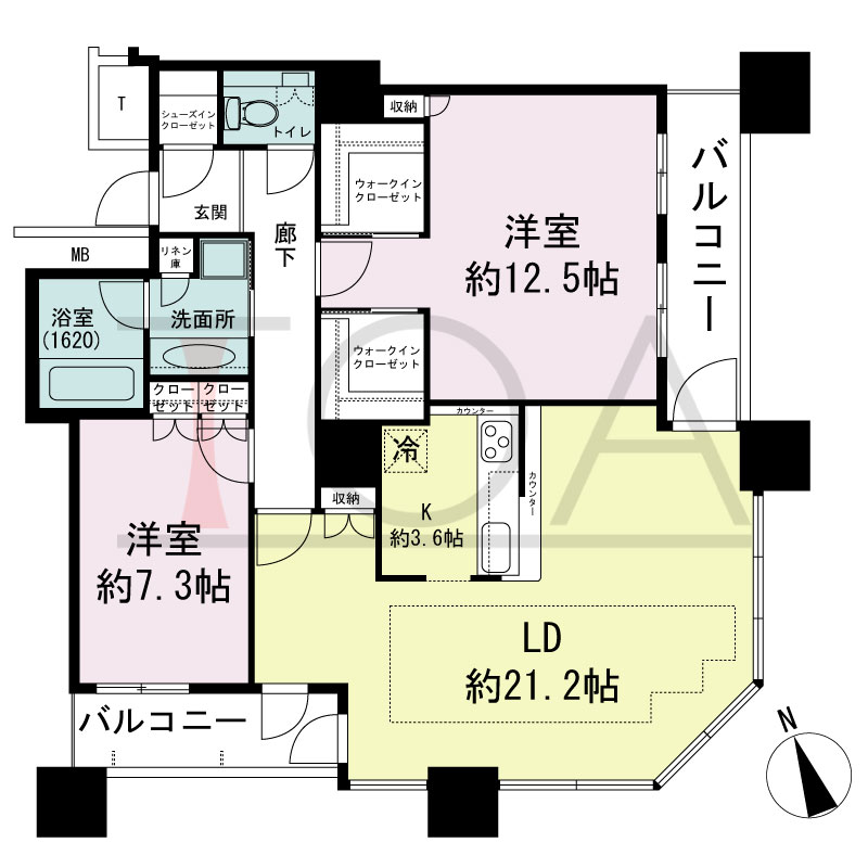 The Kitahama(ザ キタハマ)の間取り図 南東向き角 2LDK 専有面積100.60m2
バルコニー面積12.45m2