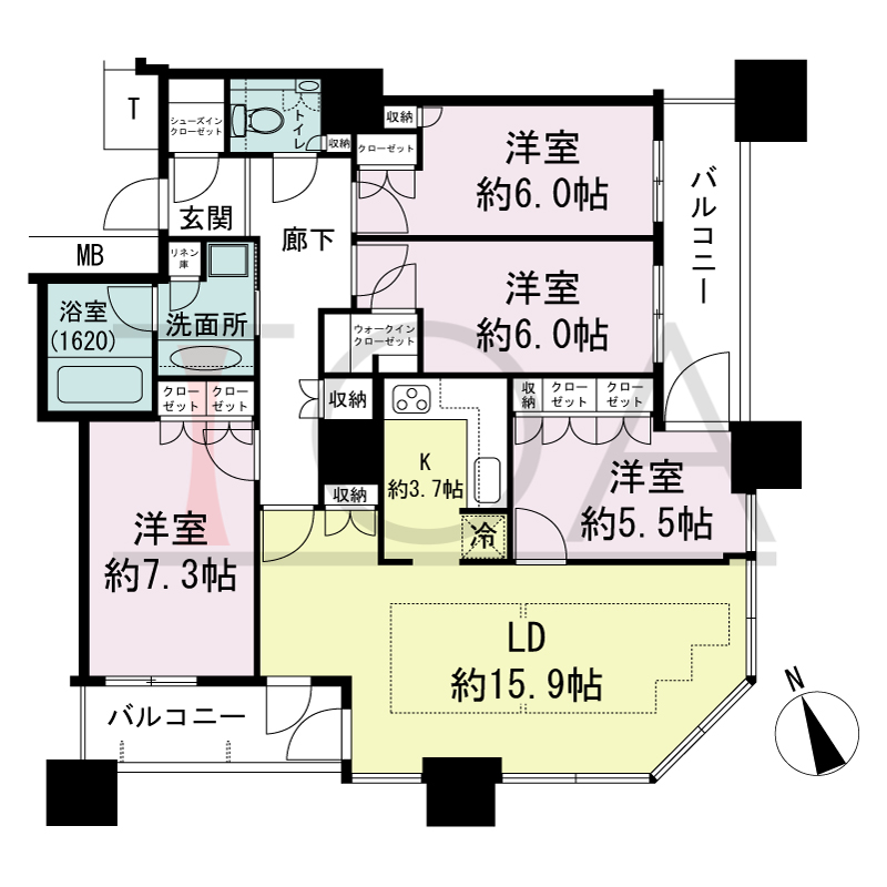 The Kitahama(ザ キタハマ)の間取り図 南東向き角 4LDK 専有面積100.60m2
バルコニー面積12.45m2