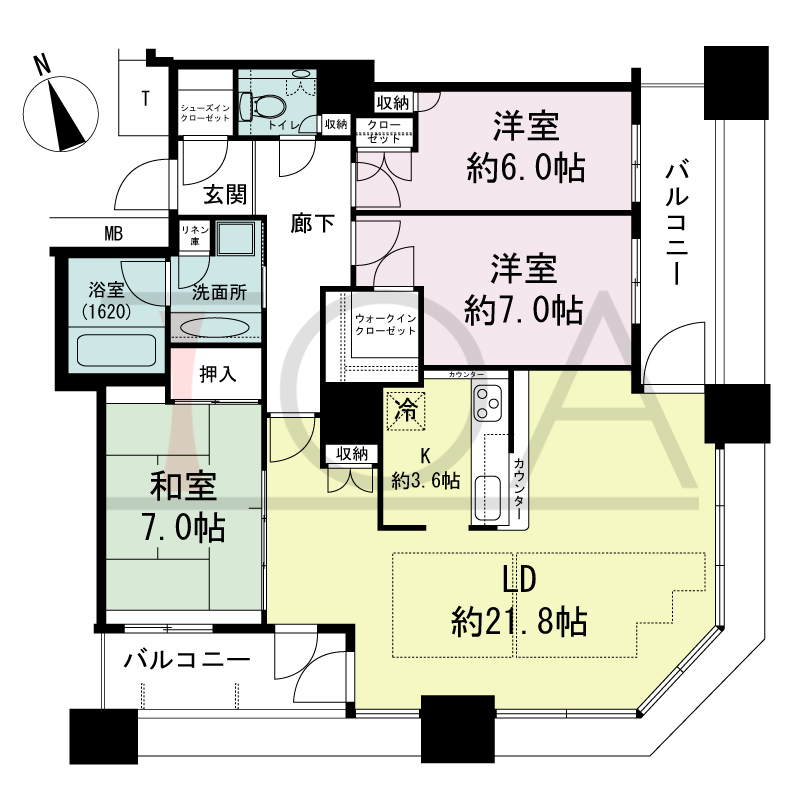 The Kitahama(ザ キタハマ)の間取り図 南東向き角 3LDK 専有面積100.60m2
バルコニー面積12.45m2