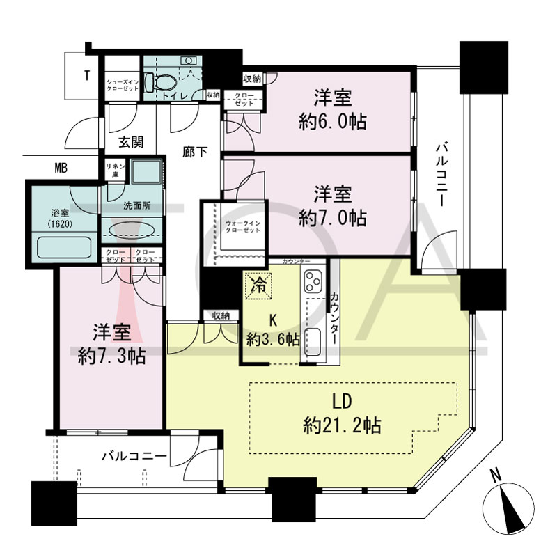 The Kitahama(ザ キタハマ)の間取り図 南東向き角 3LDK 専有面積100.60m2
バルコニー面積12.45m2