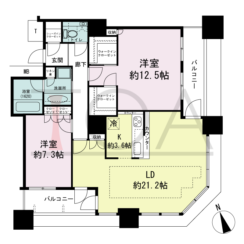 The Kitahama(ザ キタハマ)の間取り図 南東向き角 2LDK 専有面積100.60m2
バルコニー面積12.45m2