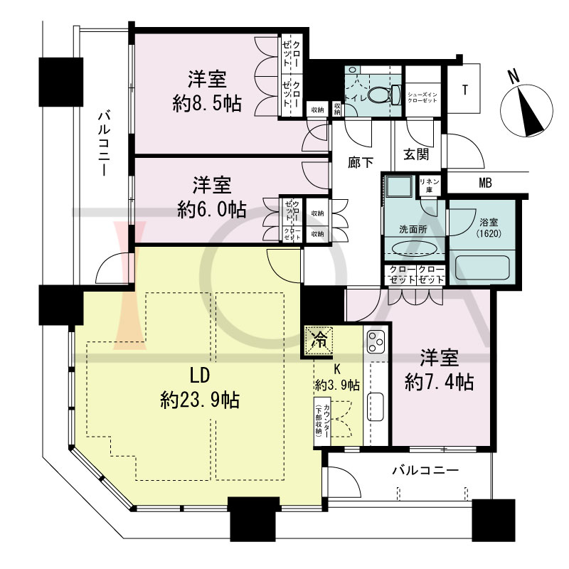 The Kitahama(ザ キタハマ)の間取り図 南西向き角 3LDK 専有面積107.16m2
バルコニー面積14.31m2