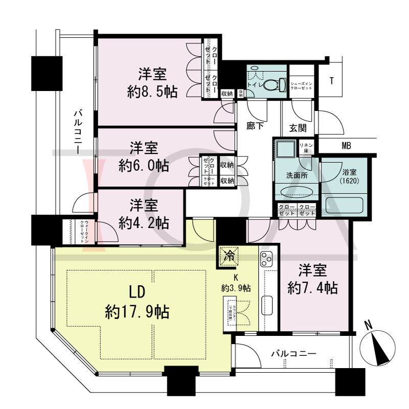 The Kitahama(ザ キタハマ)の間取り図 南西向き角 4LDK 専有面積107.16m2
バルコニー面積14.31m2
