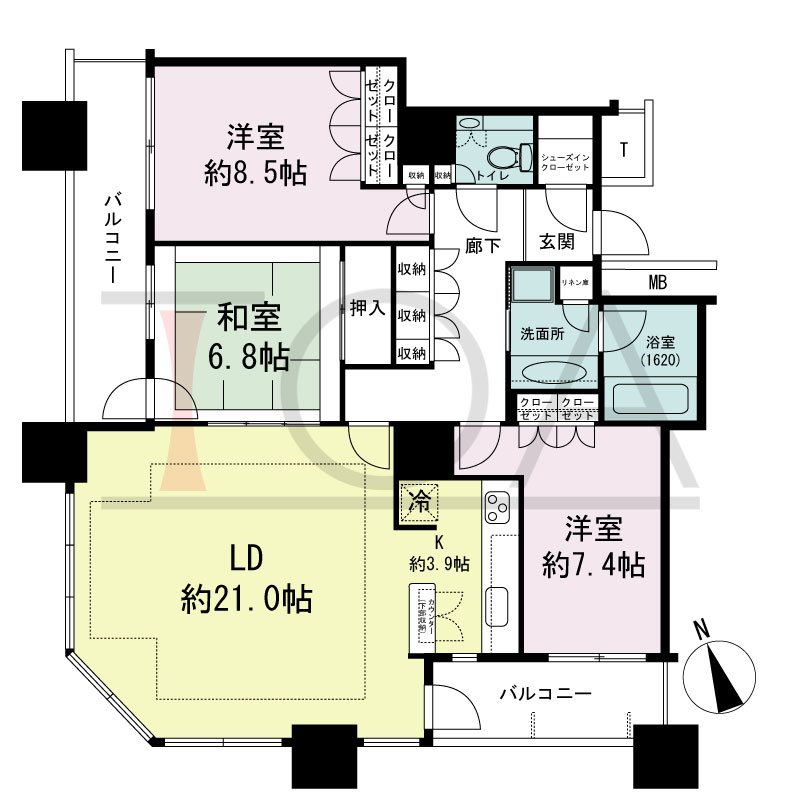 The Kitahama(ザ キタハマ)の間取り図 南西向き角 3LDK 専有面積107.16m2
バルコニー面積14.31m2