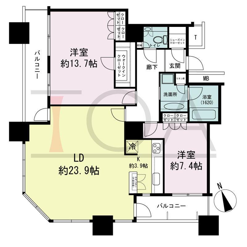 The Kitahama(ザ キタハマ)の間取り図 南西向き角 2LDK 専有面積107.16m2
バルコニー面積14.31m2