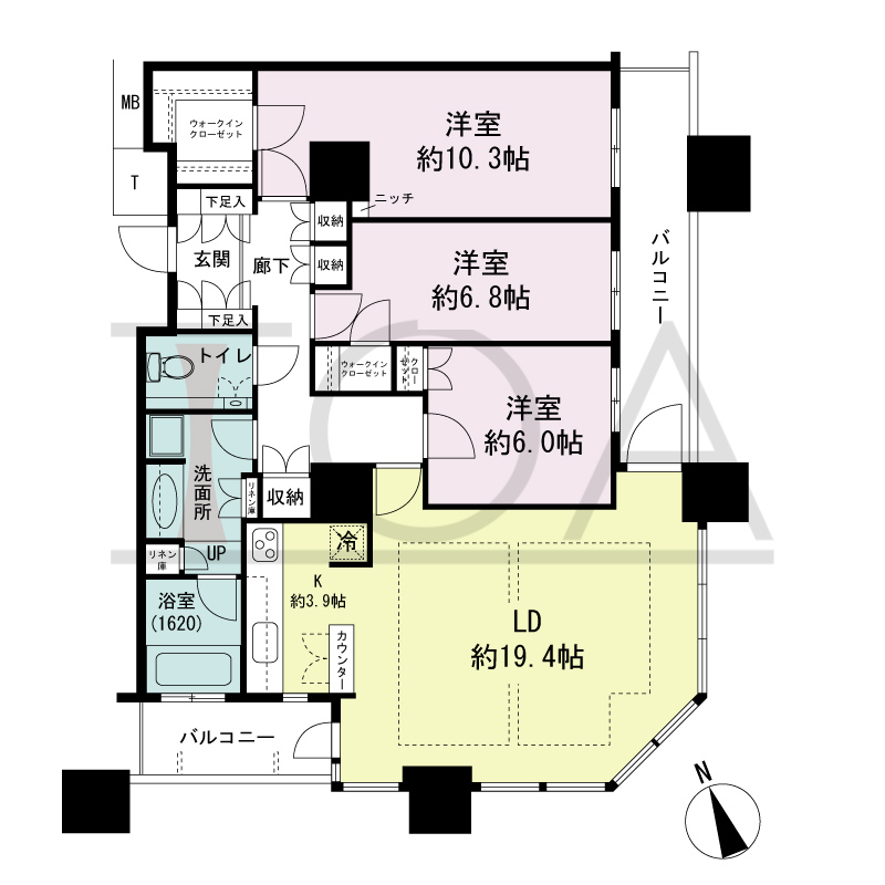 The Kitahama(ザ キタハマ)の間取り図 南東向き角 3LDK 専有面積107.88m2
バルコニー面積13.91m2