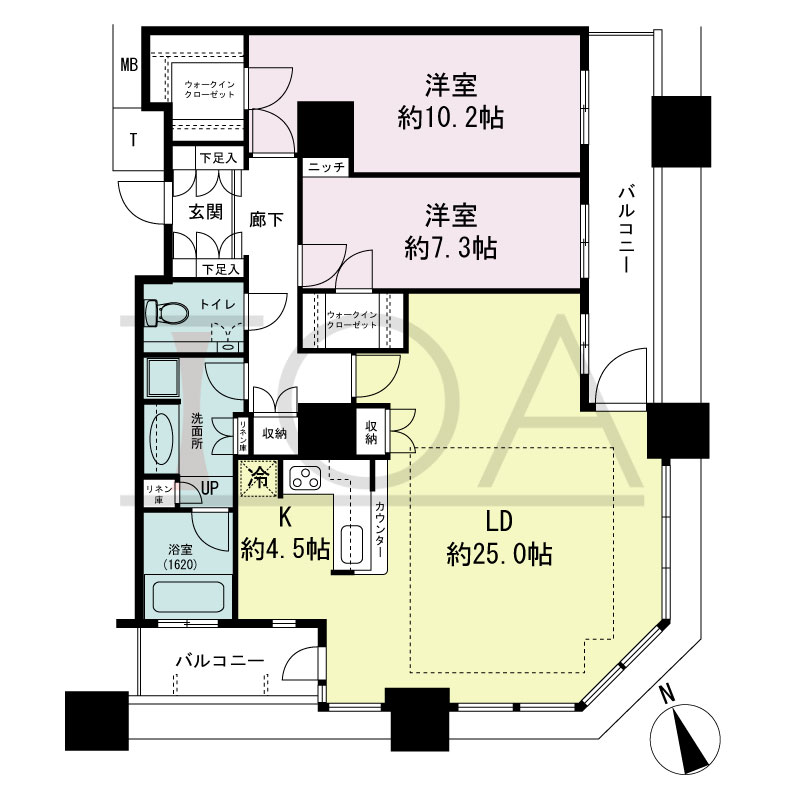 The Kitahama(ザ キタハマ)の間取り図 南東向き角 2LDK 専有面積107.88m2
バルコニー面積13.91m2