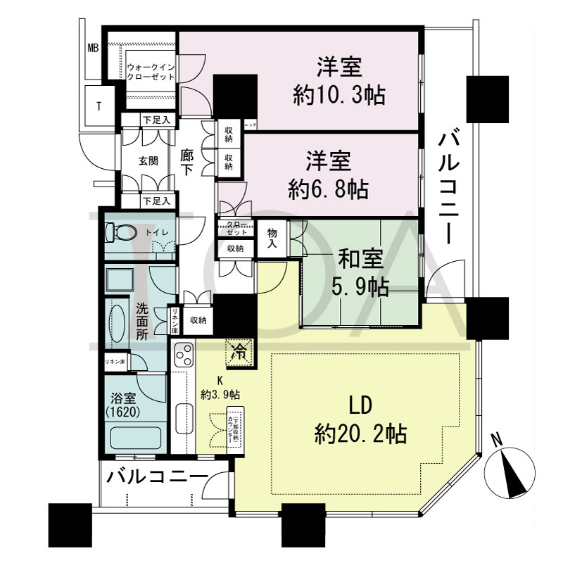 The Kitahama(ザ キタハマ)の間取り図 南東向き角 3LDK 専有面積107.88m2
バルコニー面積13.91m2