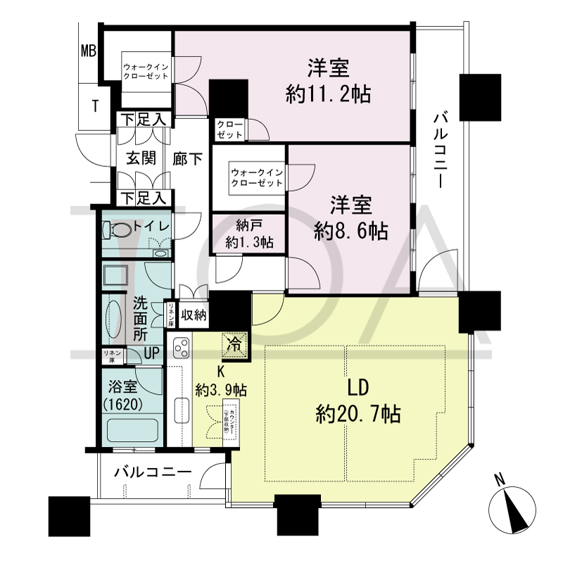 The Kitahama(ザ キタハマ)の間取り図 南東向き角 2LDK+Storage room 専有面積107.88m2
バルコニー面積13.91m2