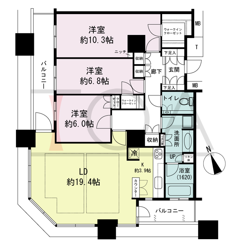 The Kitahama(ザ キタハマ)の間取り図 南西向き角 3LDK 専有面積107.88m2
バルコニー面積13.91m2