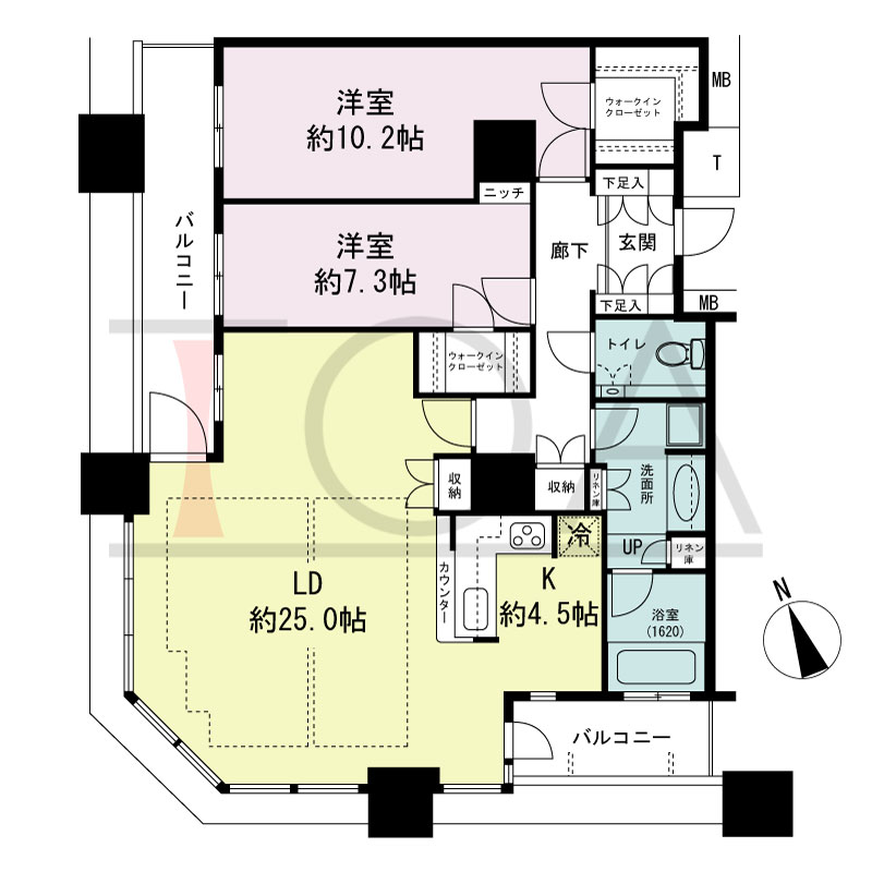 The Kitahama(ザ キタハマ)の間取り図 南西向き角 2LDK 専有面積107.88m2
バルコニー面積13.91m2