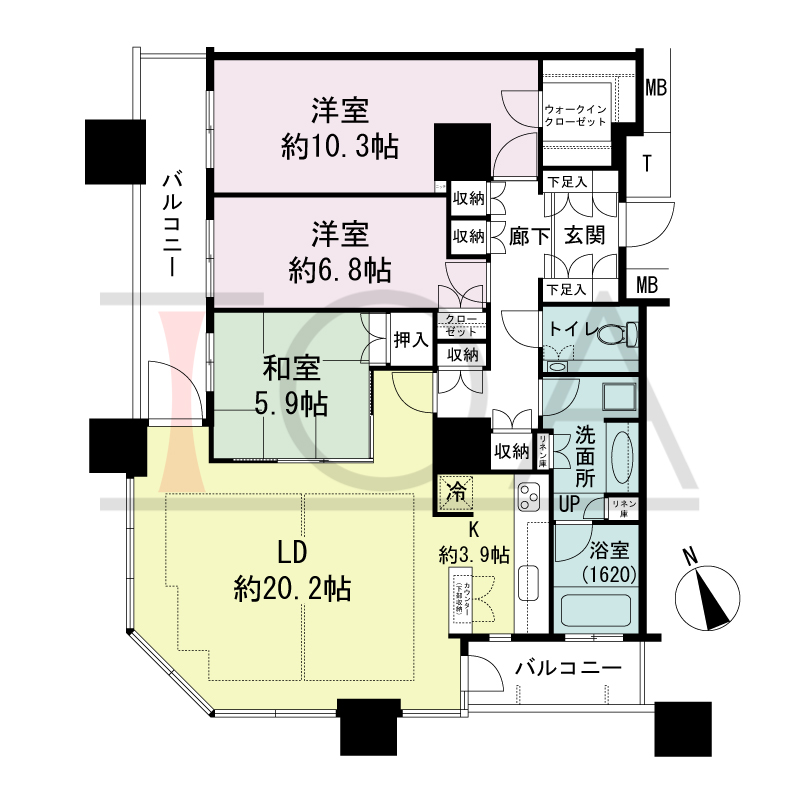 The Kitahama(ザ キタハマ)の間取り図 南西向き角 3LDK 専有面積107.88m2
バルコニー面積13.91m2