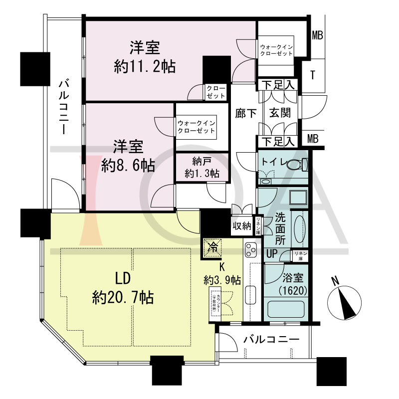 The Kitahama(ザ キタハマ)の間取り図 南西向き角 2LDK+Storage room 専有面積107.88m2
バルコニー面積13.91m2