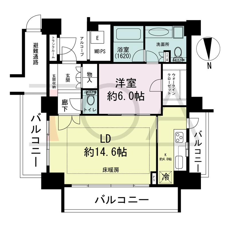 エルザグレース堀江タワーの間取り図 北東向き角 1LDK+WIC 専有面積63.81m2
バルコニー面積18.41m2