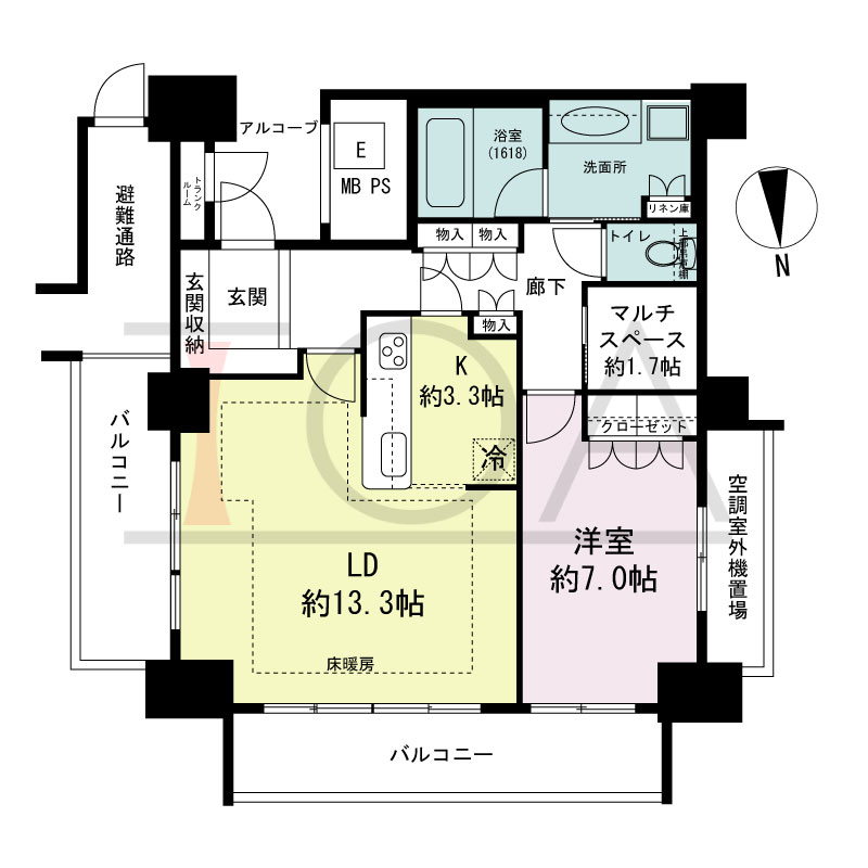 エルザグレース堀江タワーの間取り図 北東向き角 1LDK 専有面積64.03m2
バルコニー面積14.82m2