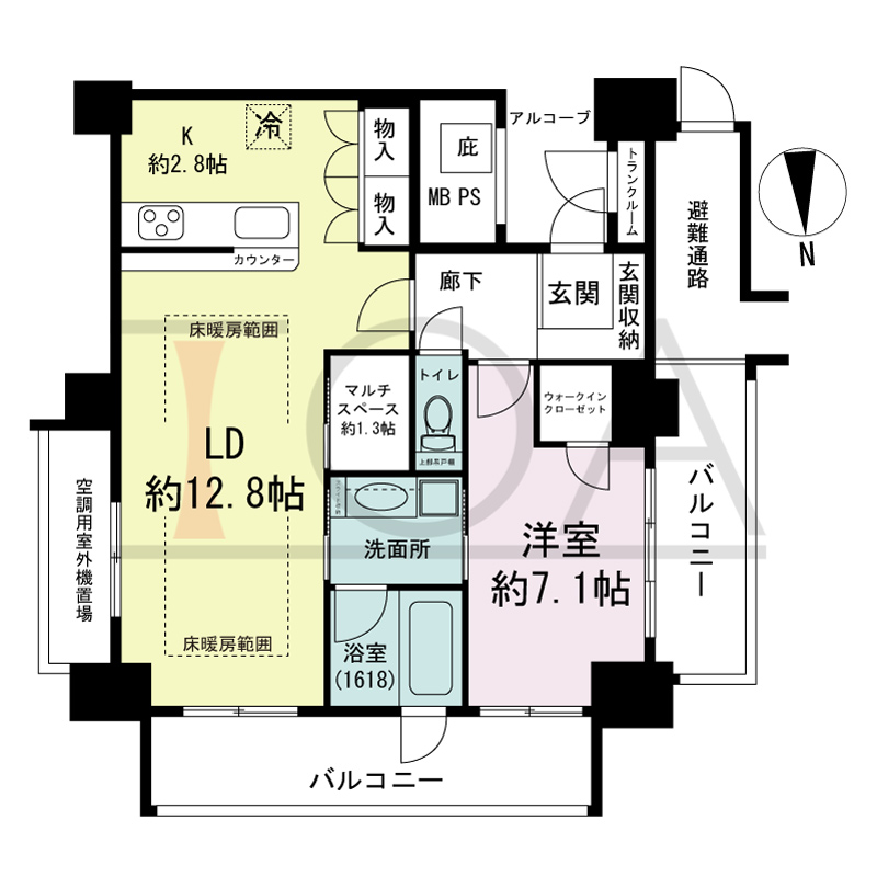 エルザグレース堀江タワーの間取り図 北西向き角 1LDK+WIC 専有面積64.03m2
バルコニー面積14.82m2