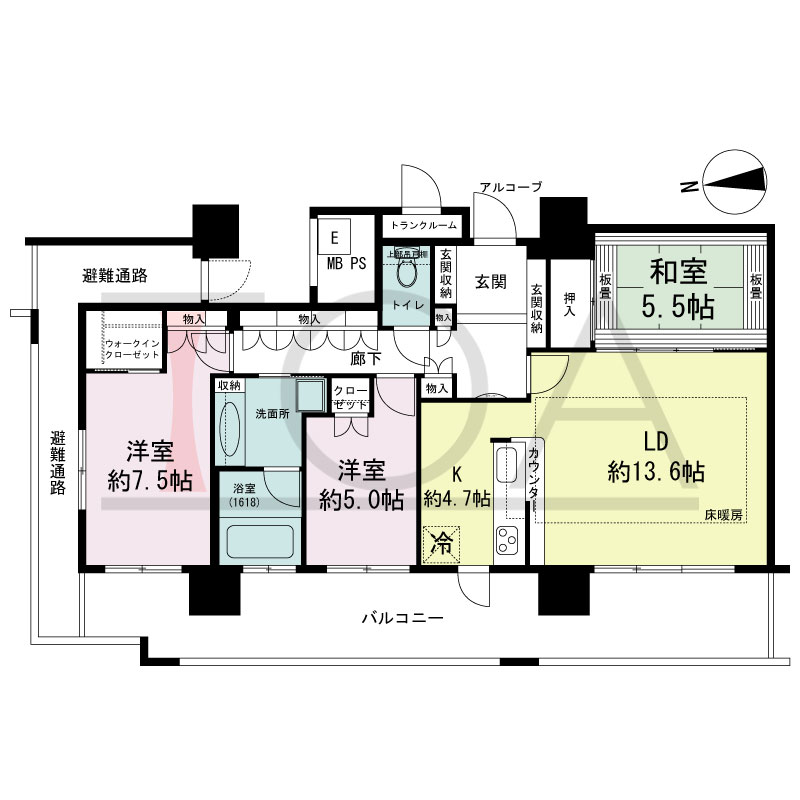 エルザグレース堀江タワーの間取り図 西向き角 3LDK+WIC 専有面積88.33m2
バルコニー面積23.82m2