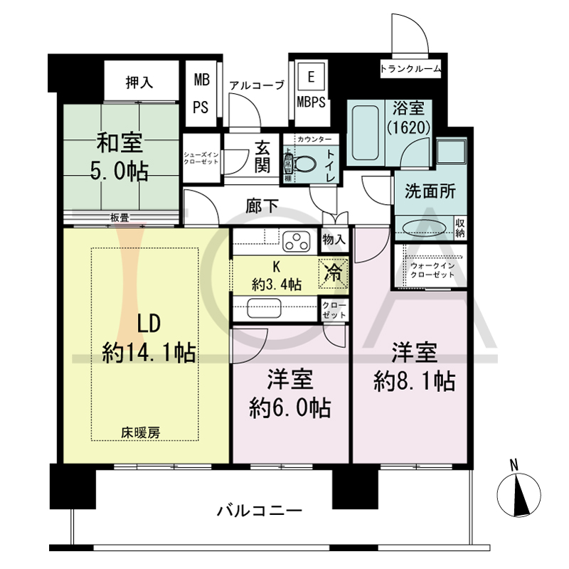 エルザグレース堀江タワーの間取り図 南向き 3LDK+WIC+SIC 専有面積86.47m2
バルコニー面積16.83m2